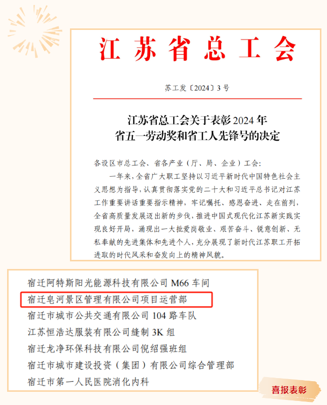喜報！市文旅集團旗下宿遷皂河景區(qū)管理有限公司項目運營部榮獲2024年“省工人先鋒號”榮譽稱號(圖1)